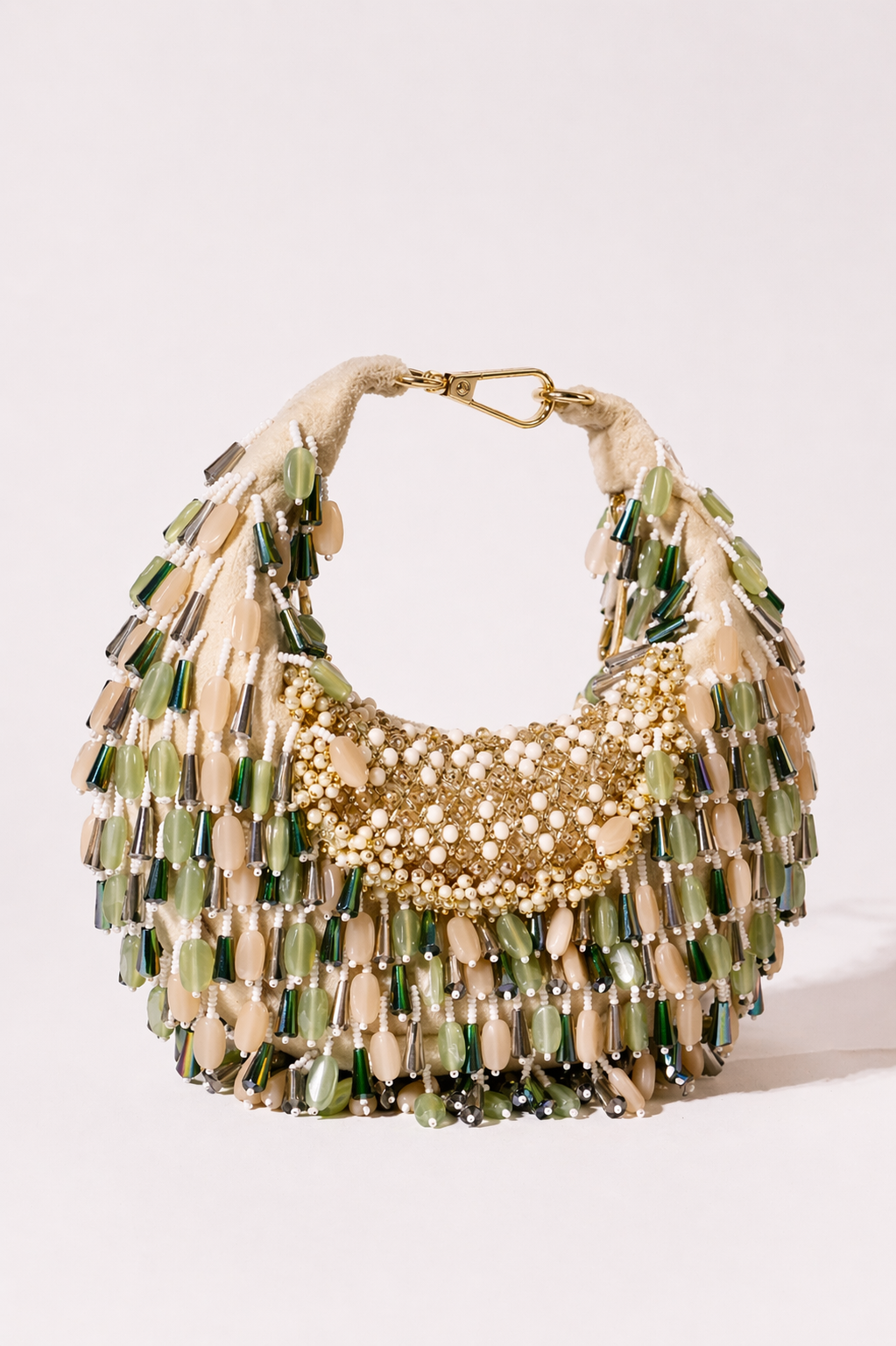 Green and ivory beaded hobo bag with layered embellishments and pearl detailing