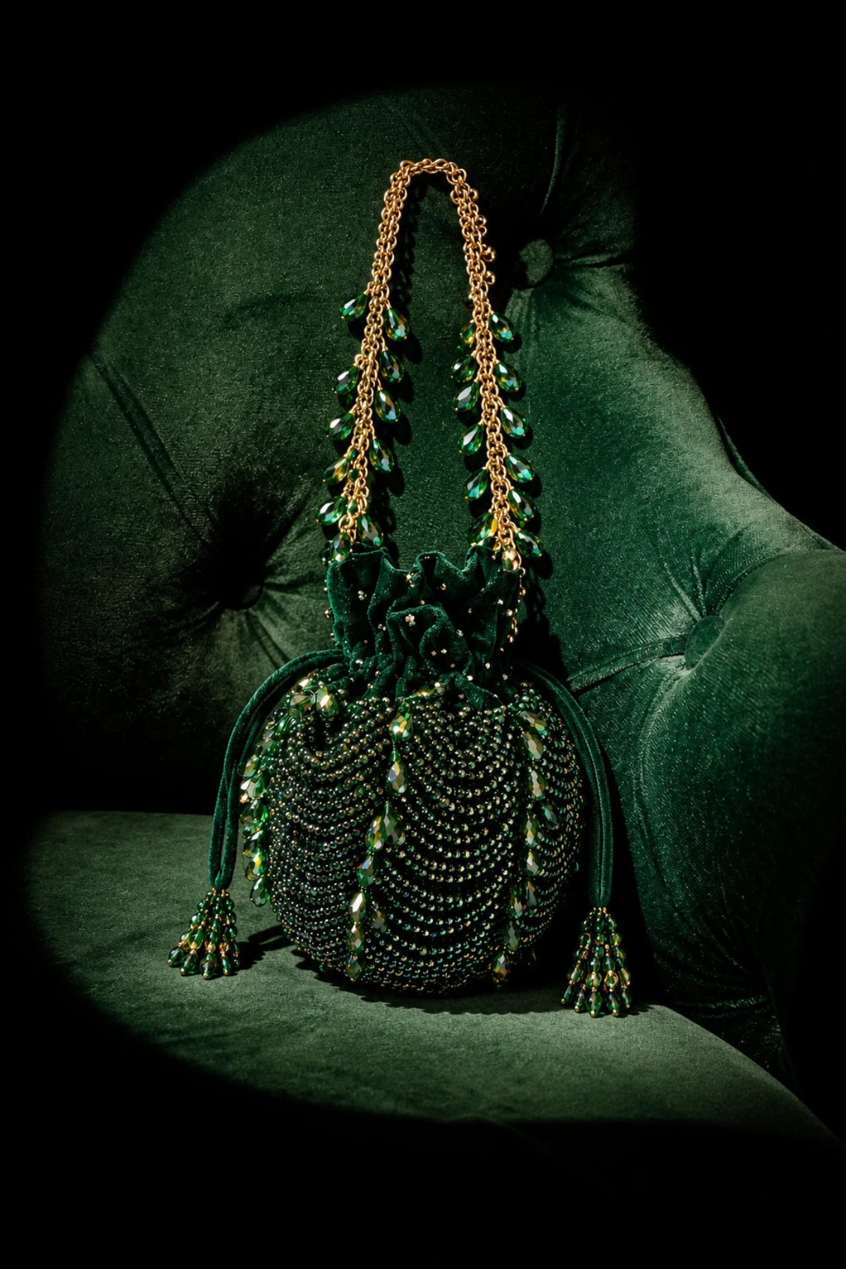 Green festive drawstring handbag inspired by wedding celebrations and ethnic glamour