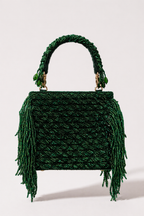 Green mehendi bridal bag with elegant fringe detailing and handcrafted festive texture