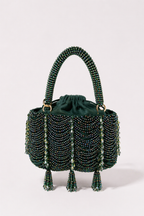 Green beaded party handbag with layered embellishments and elegant festive detailing