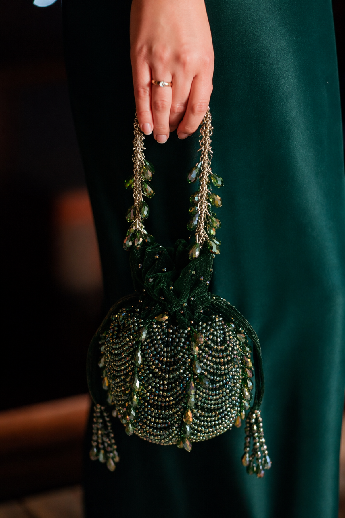 Green stone embellished handbag designed beautifully for receptions and festive occasions