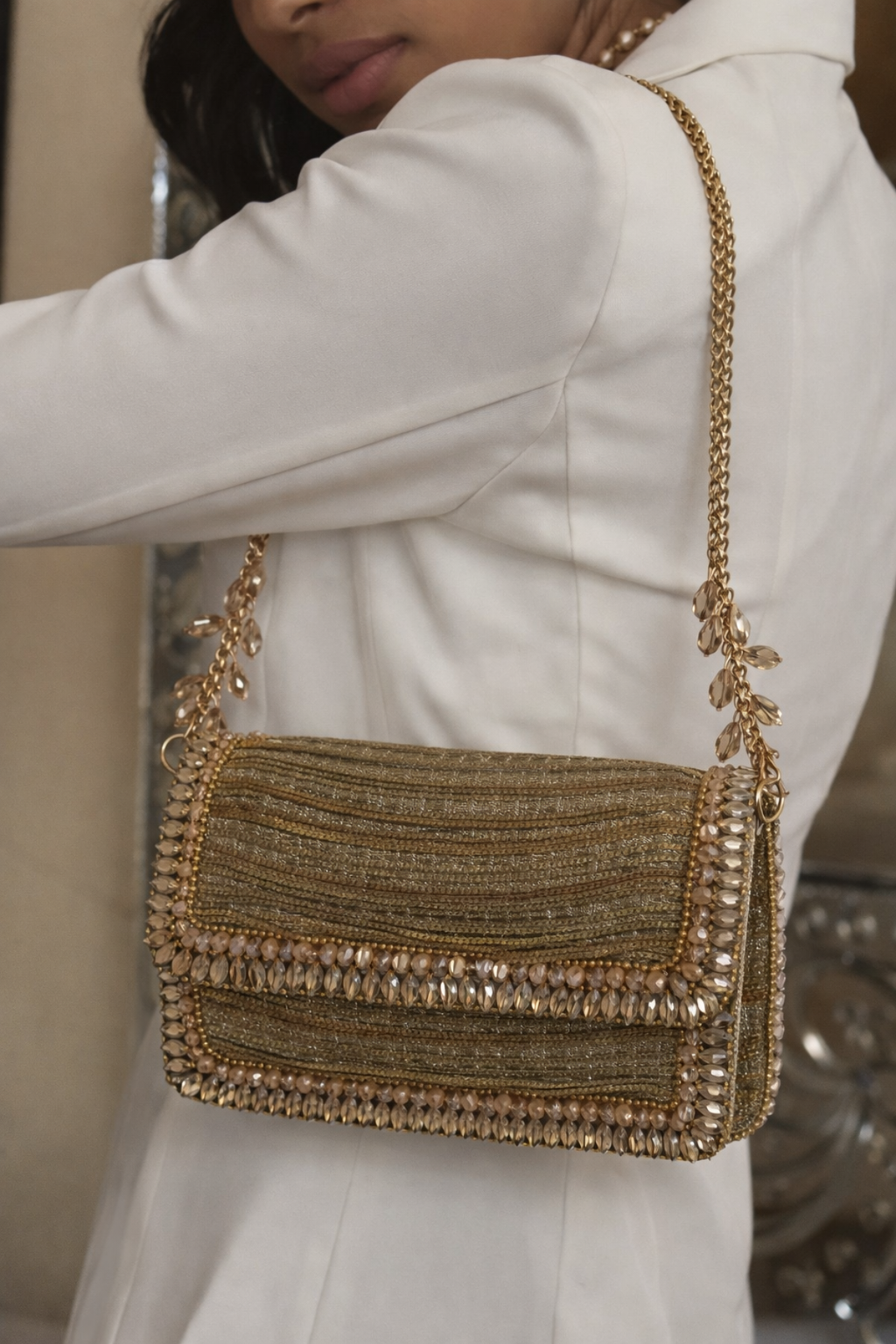 Handcrafted designer party bag combining artisanal craftsmanship with luxe bridal styling