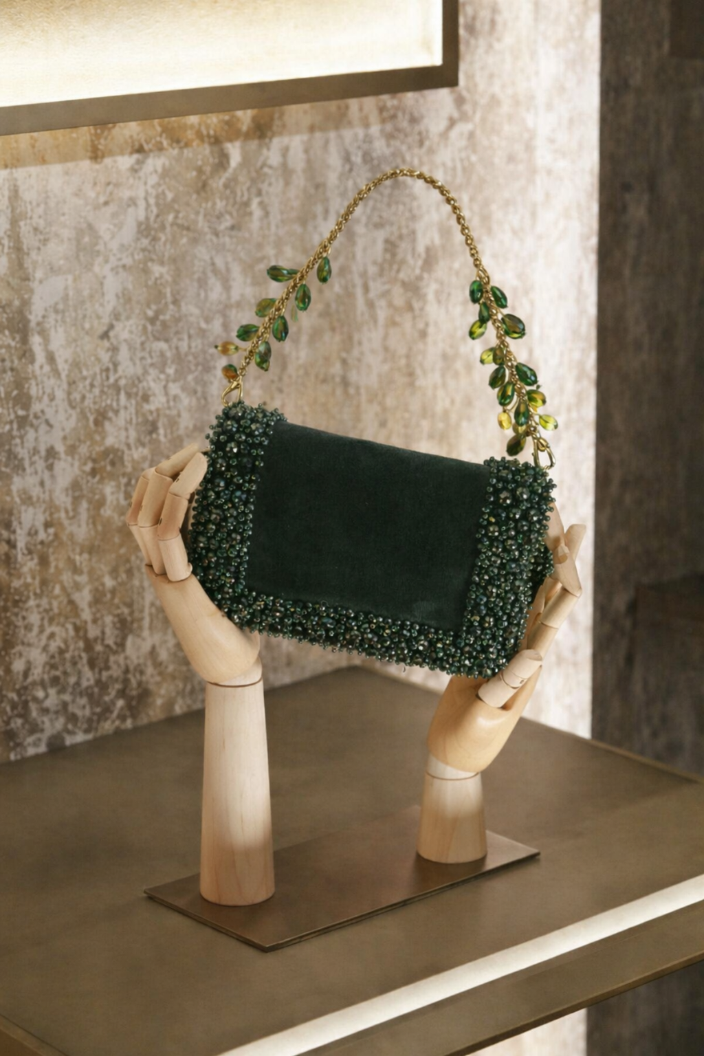 Handcrafted green festive purse combining artisanal craftsmanship with elegant party glamour