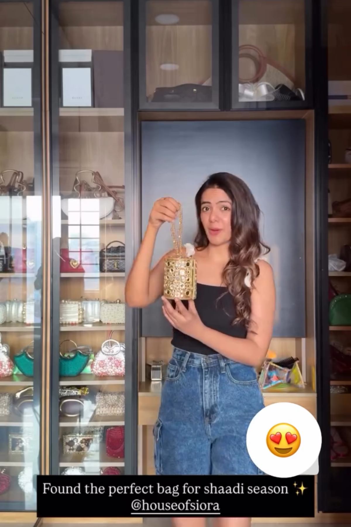 Sneha Adwani styling a luxury gold mirror embellished evening bag by House of Siora