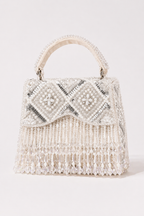 Ivory beaded handbag with pearl detailing and cascading fringe embellishments