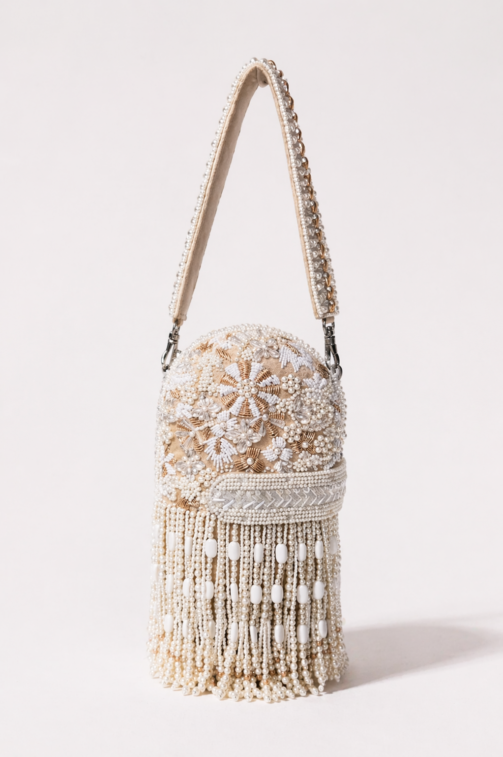 Ivory pearl fringe handbag with floral embellishments and artisanal bead detailing
