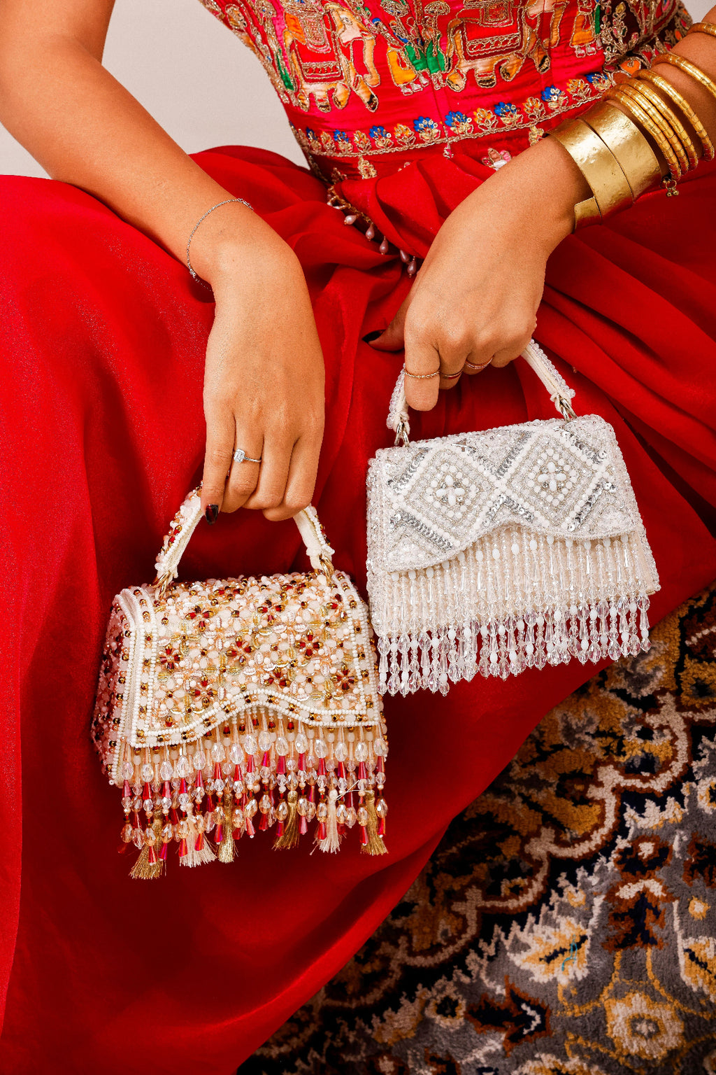 Indian wedding guest accessory combining vibrant embellishments with festive