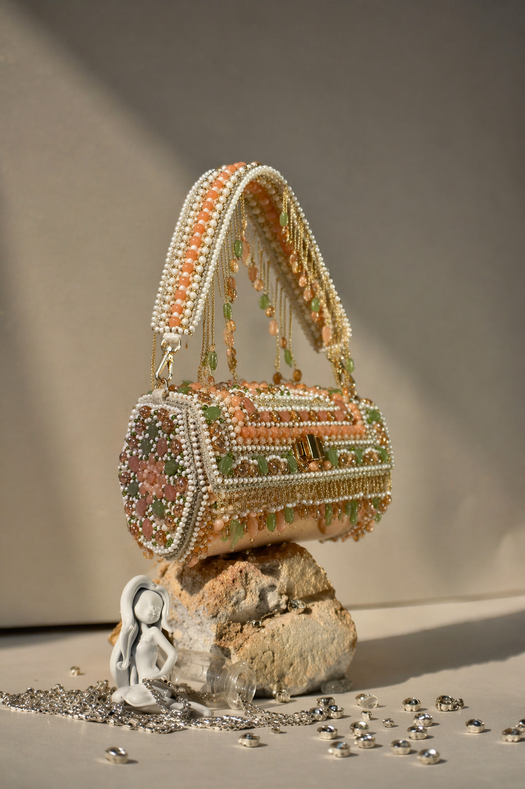 Luxury pastel gift purse featuring intricate beadwork and statement festive styling
