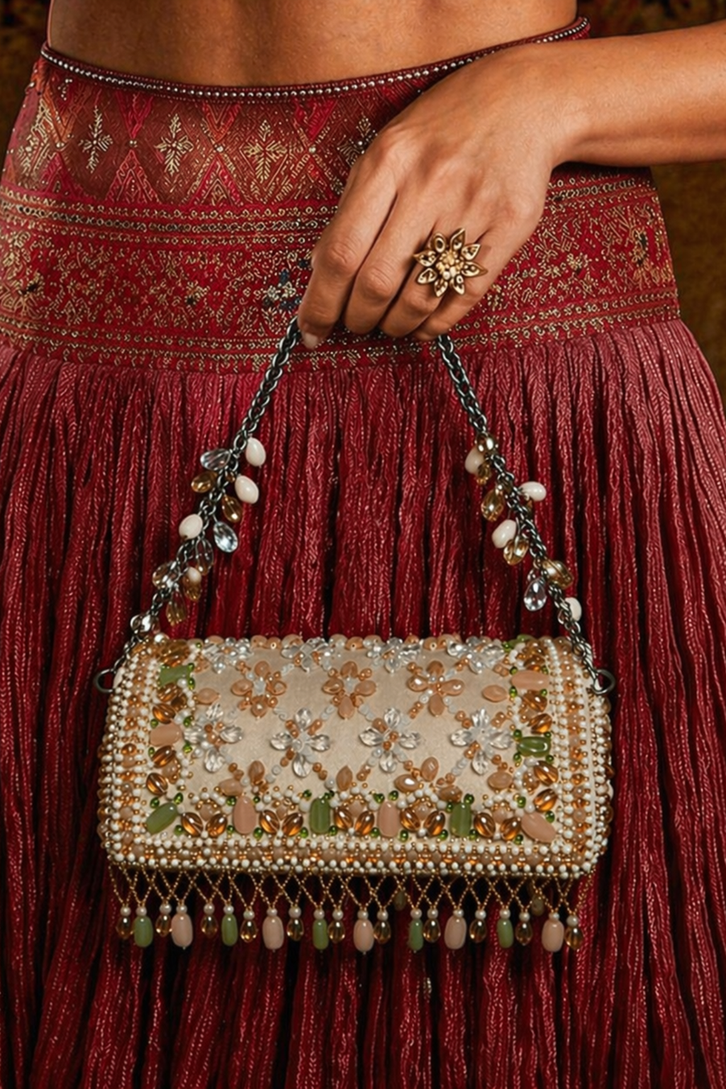 Luxury traditional shoulder bag featuring multicolor stone embroidery and tassel