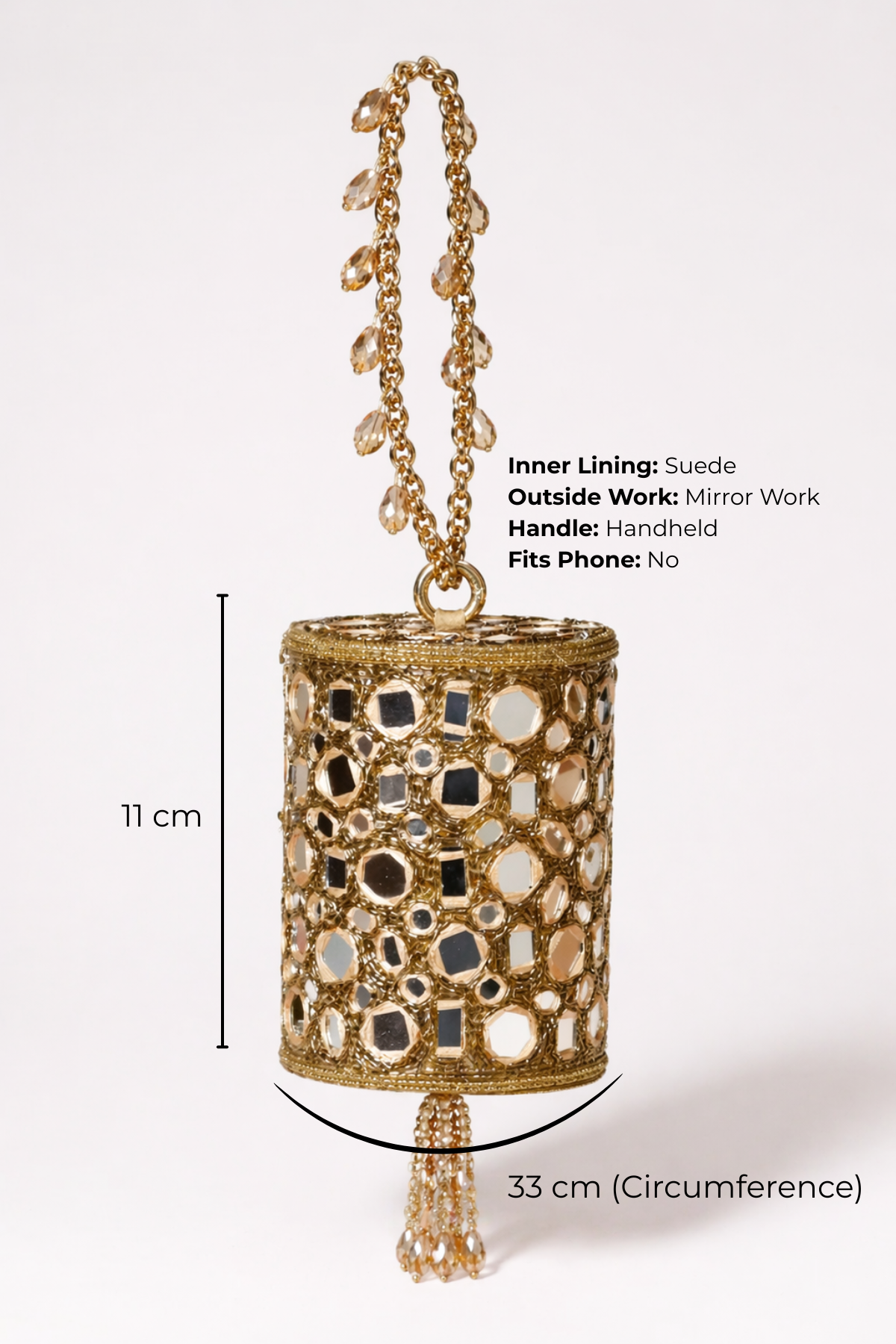 A golden mirror work bag for weddings