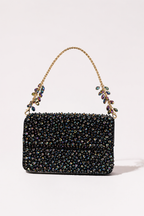 Multicolor designer handbag with sparkling crystal embellishments and elegant chain detailing