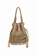 Multicolor designer potli bag with elegant embellishments and handcrafted festive detailing
