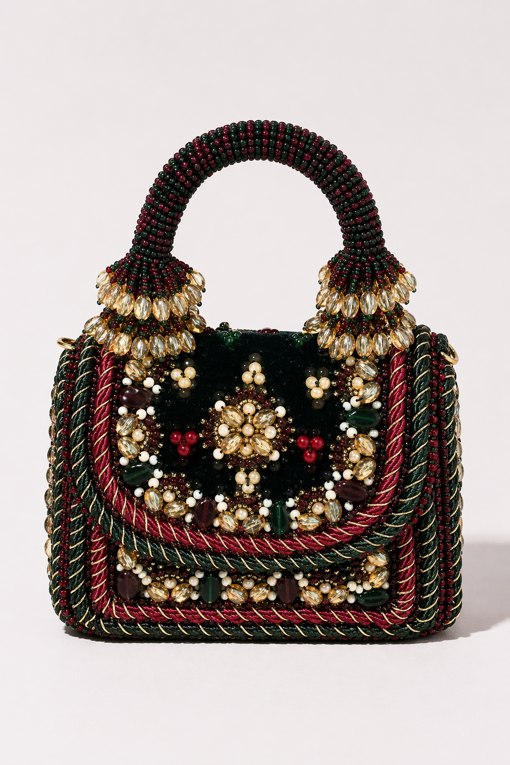 Multicolor embellished mini handbag with intricate floral detailing and festive craftsmanship