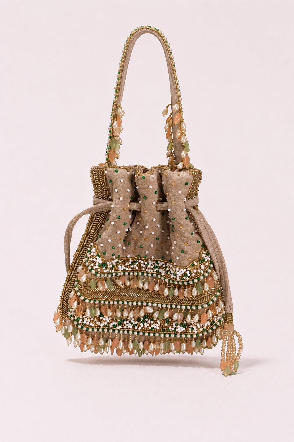 Multicolor embellished party bag featuring intricate beadwork and statement tassel accents