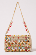 Multicolor stone embellished handbag with vibrant crystal detailing and festive glamour