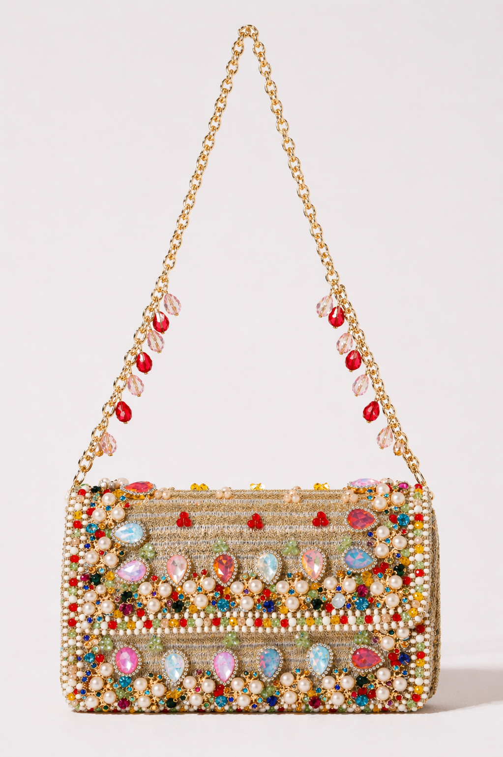 Multicolor stone embellished handbag with vibrant crystal detailing and festive glamour