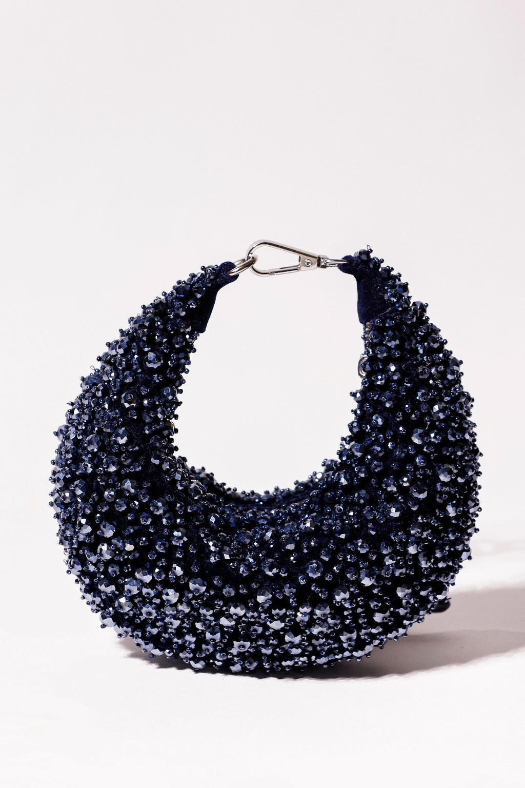 Navy blue beaded hobo bag with shimmering crystal embellishments