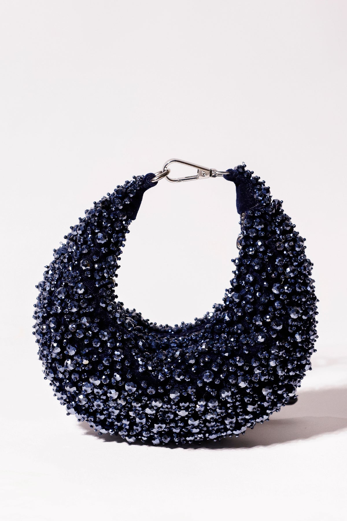 Navy blue beaded hobo bag with shimmering crystal embellishments