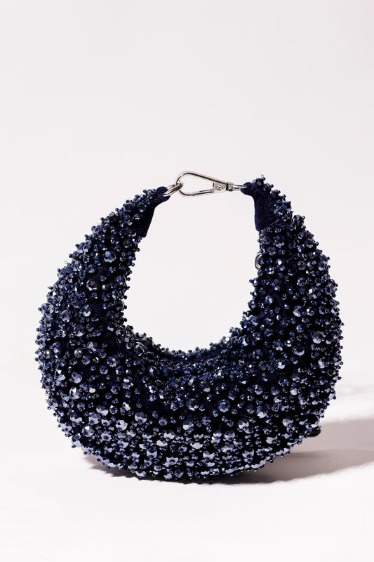 Navy blue beaded hobo bag with shimmering crystal embellishments