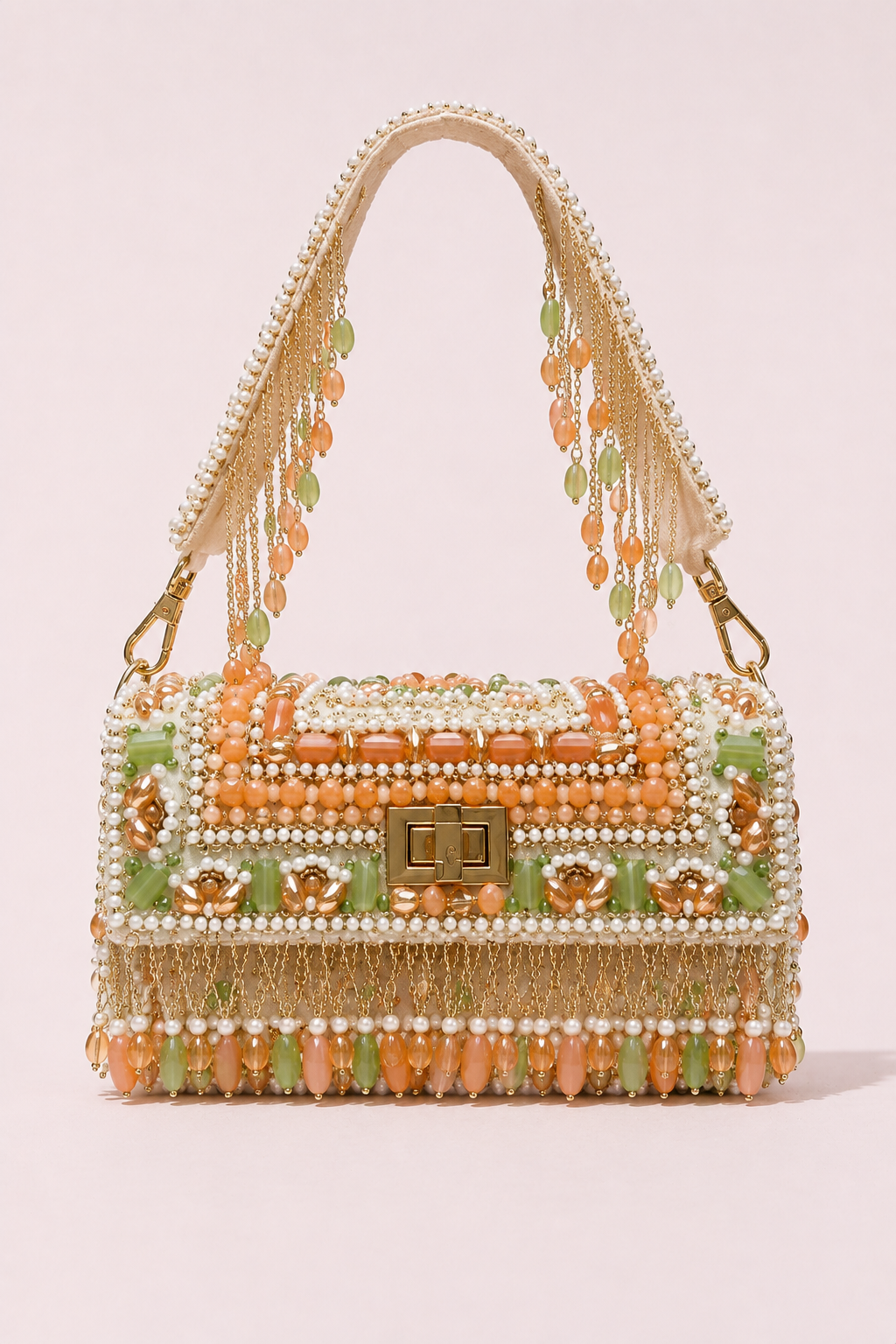 Pastel trousseau handbag with multicolor embellishments and elegant handcrafted detailing