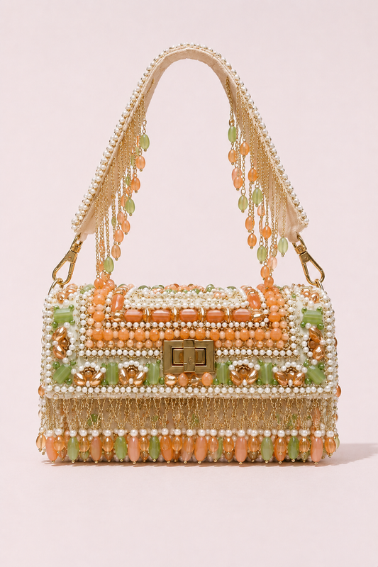 Pastel trousseau handbag with multicolor embellishments and elegant handcrafted detailing