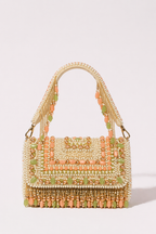 Peach and green festive handbag with intricate beadwork and pearl embellishments