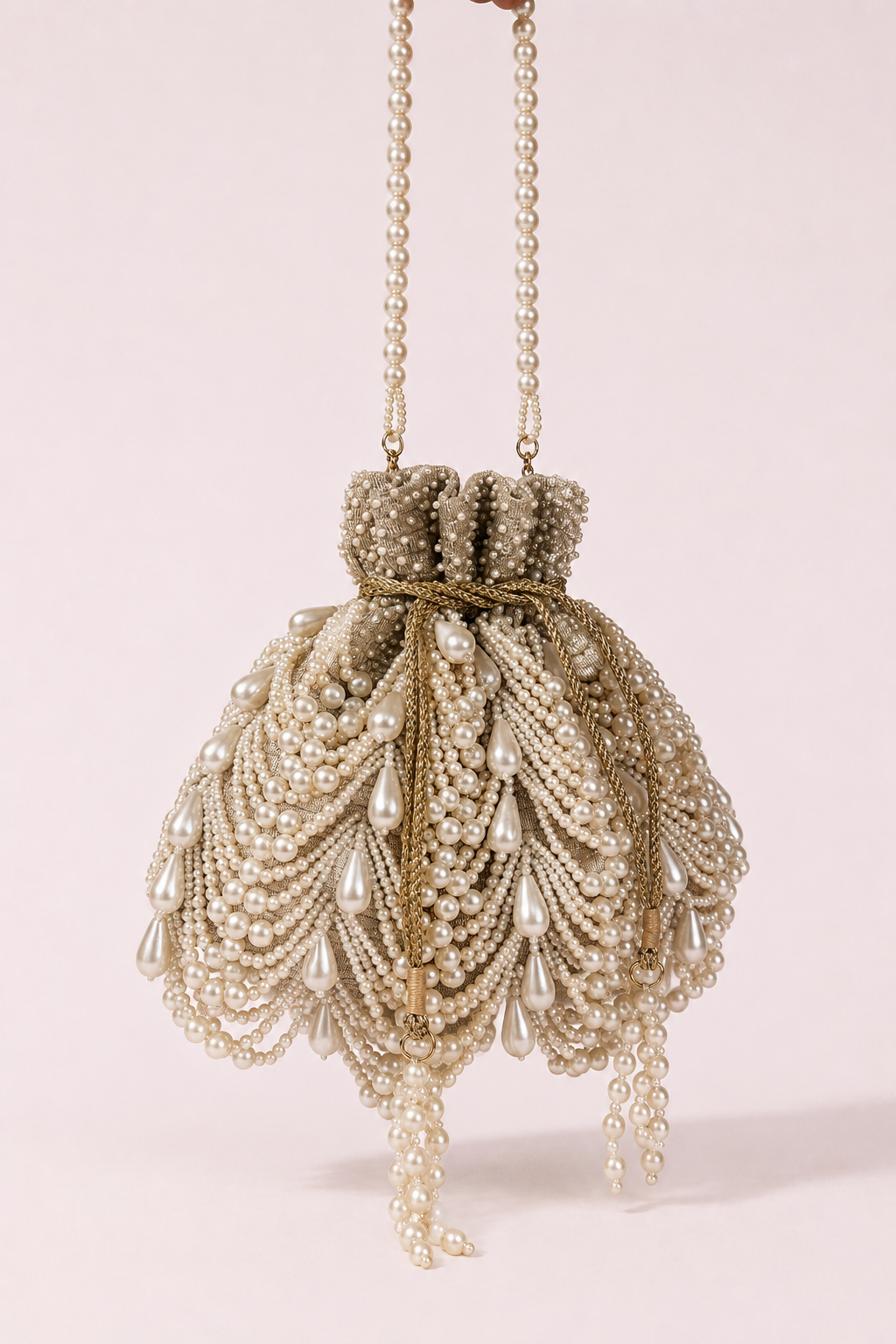Pearl designer potli bag with cascading pearl detailing and elegant handcrafted texture