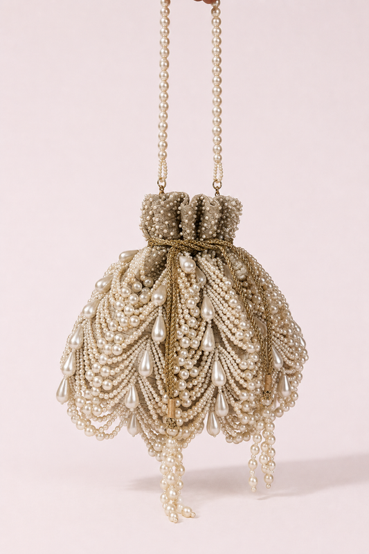 Pearl designer potli bag with cascading pearl detailing and elegant handcrafted texture