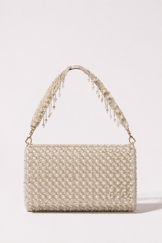 Embellished evening handbag with delicate crystal detailing and elegant shimmer