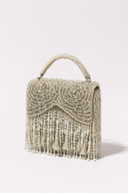 Pearl fringe evening bag with layered bead embroidery and elegant handcrafted detailing