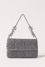 Silver crystal handbag with shimmering embellishments and delicate chain detailing