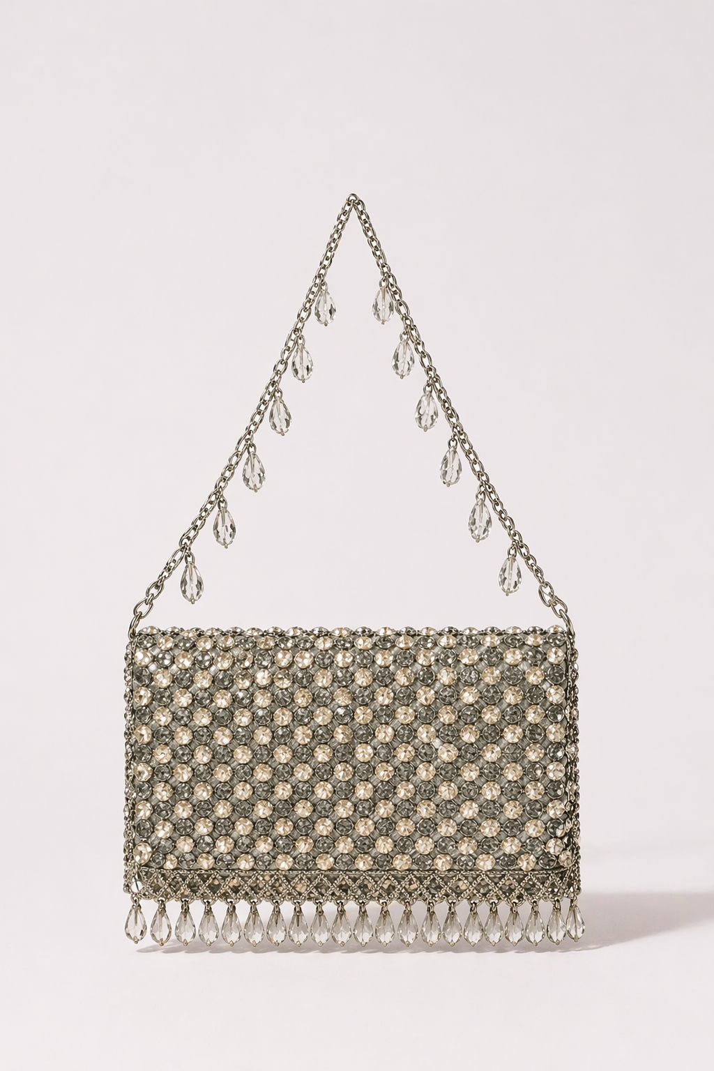 Silver crystal evening handbag with shimmering embellishments and elegant chain detailing