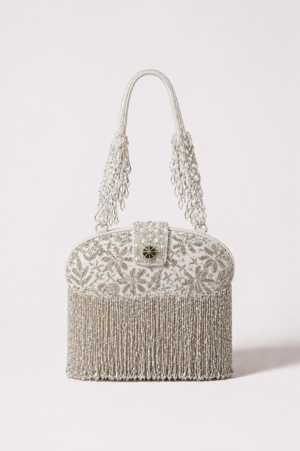 Silver fringe clutch bag with crystal embellishments and statement detailing