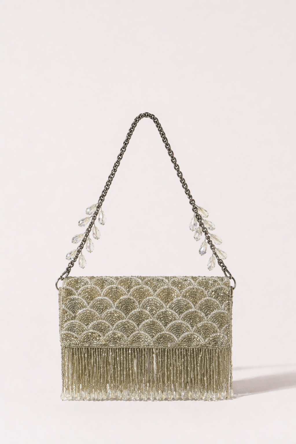Silver fringe evening handbag with scalloped embellishments and elegant chain detailing