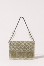 Silver fringe evening handbag with scalloped embellishments and elegant chain detailing