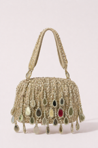 Silver embellished handbag with reflective mirror detailing and cascading fringe accents