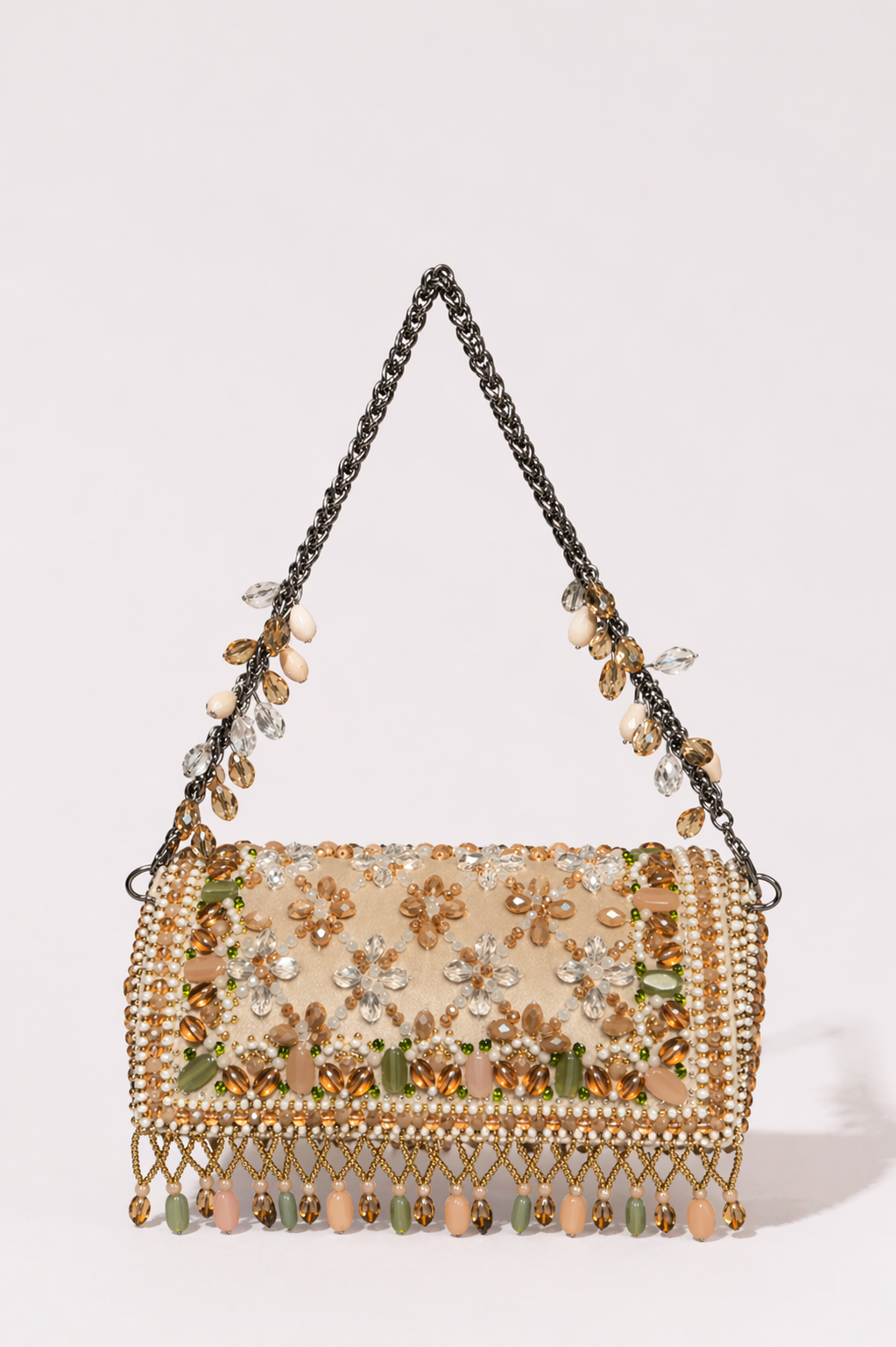 Stone embellished wedding guest handbag with floral detailing and artisanal beadwork