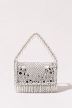 White beaded bag with pearl detailing and elegant fringe embellishments
