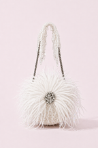 White feather mini bag with soft texture and sparkling crystal embellishments