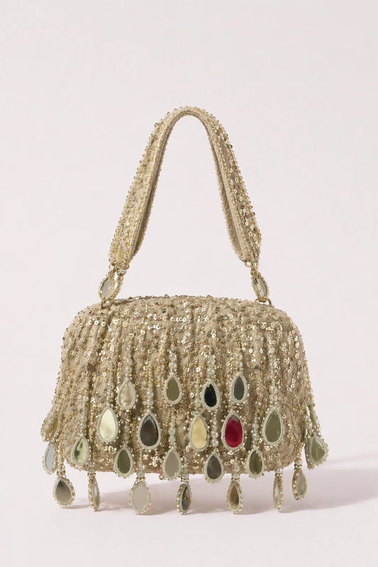 Inaaya Silver Shoulder Bag with handcrafted mirror work and sequins