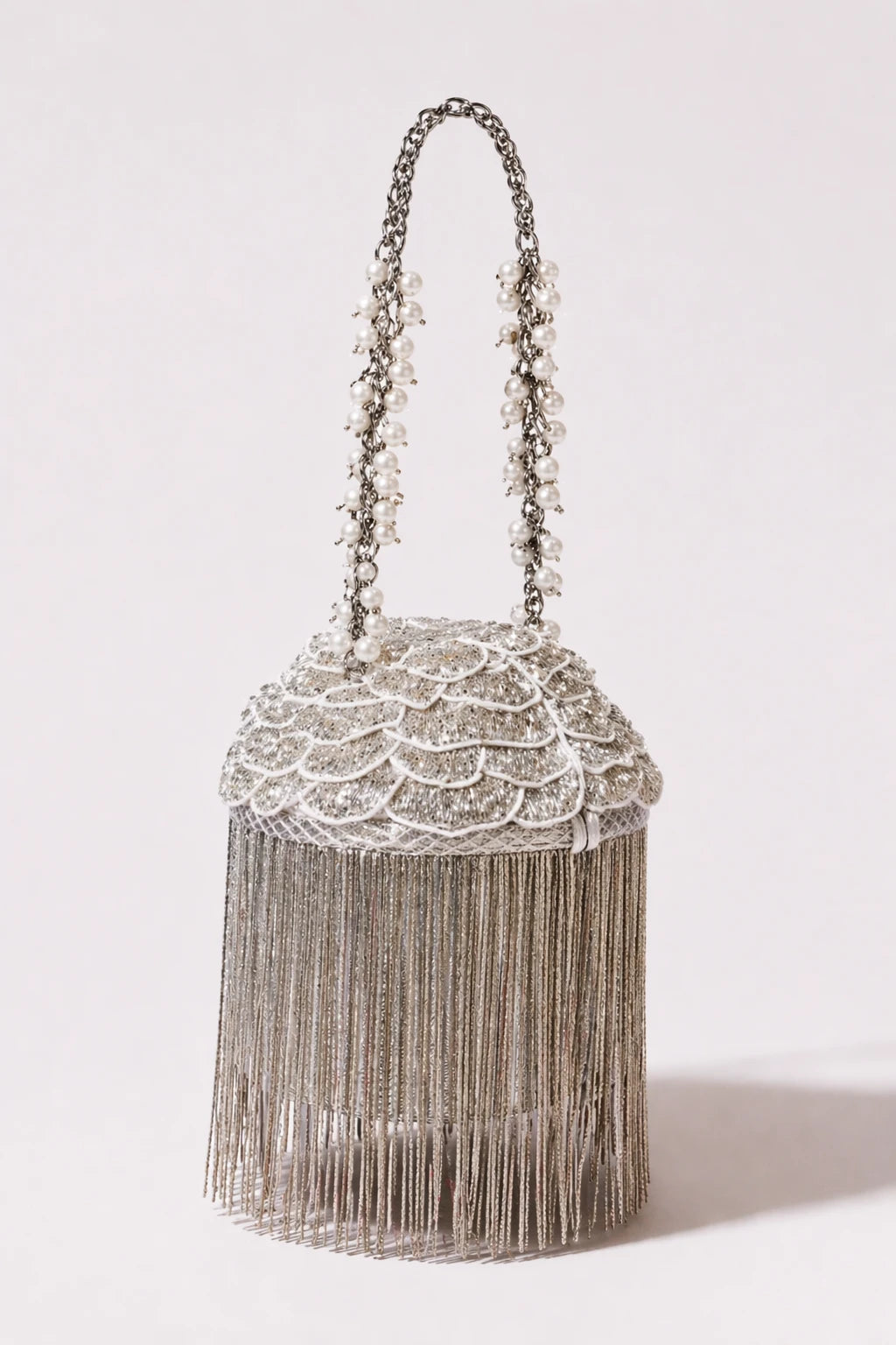 Khwaab Silver Bucket Bag with metallic fringe detailing