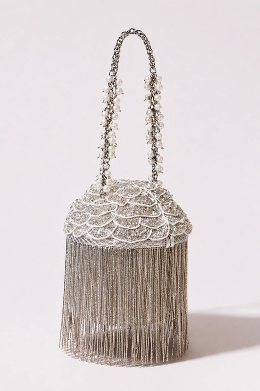 Khwaab Silver Bucket Bag with metallic fringe detailing