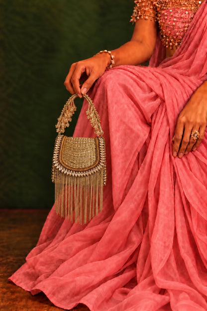 Leher Golden Mini Bag featuring sparkling golden crystals, cascading metallic fringes and a structured silhouette.