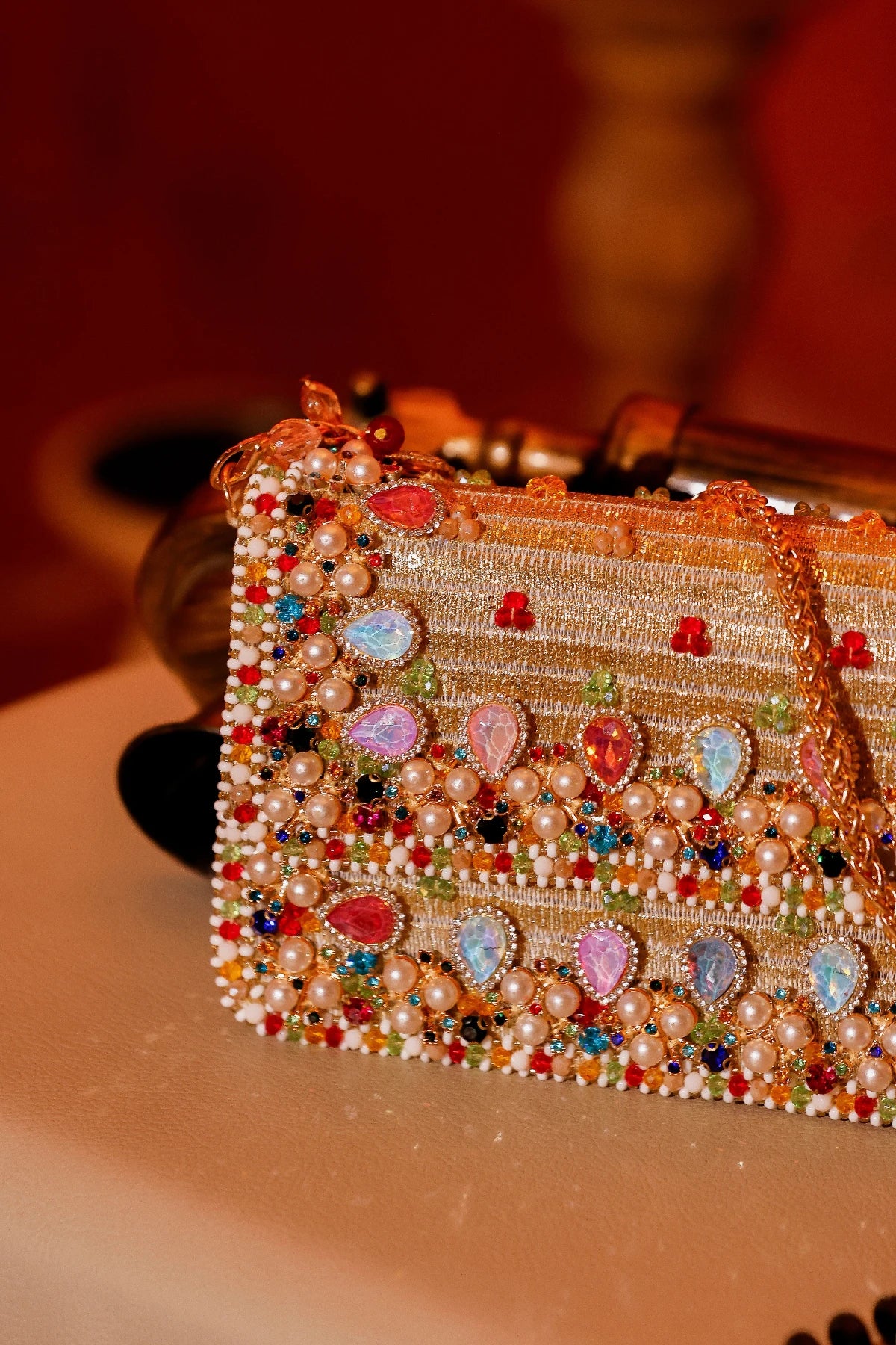 Luxury bridal shoulder bag with pearl and bead embellishments