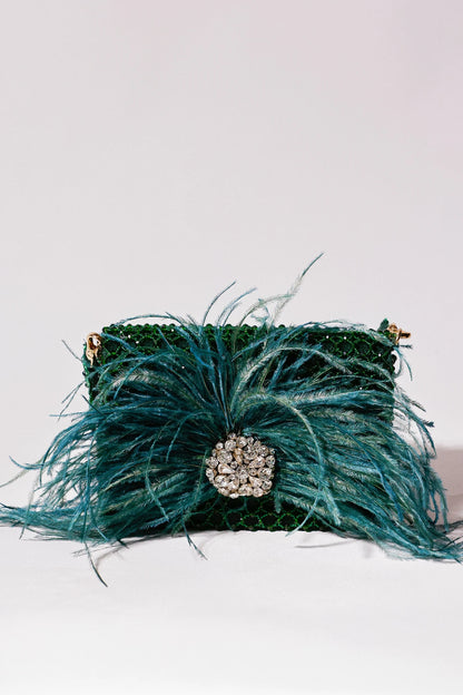 Luxury cocktail party bag with elegant feather detailing