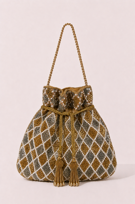Maharani Mosaic Potli Bag with pearl embellishments and bead embroidery