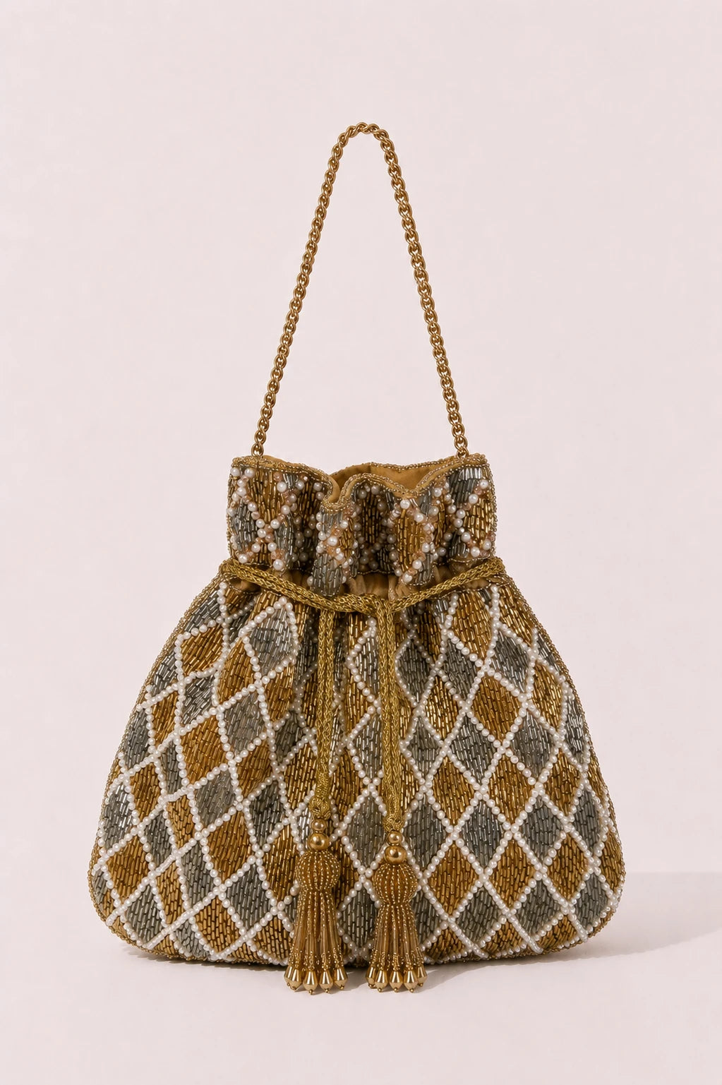 Maharani Mosaic Potli Bag with pearl embellishments and bead embroidery