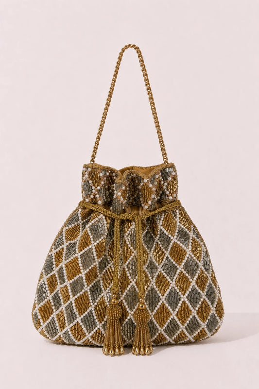 Maharani Mosaic Potli Bag with pearl embellishments and bead embroidery