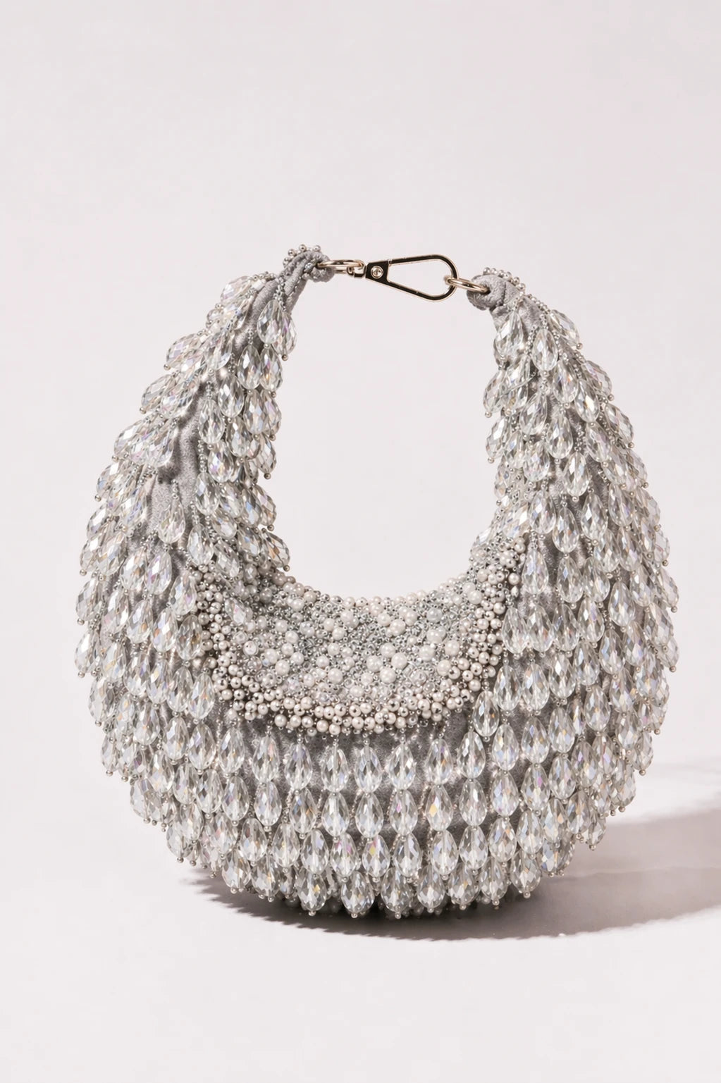 Meadow Silver Hobo Bag with handcrafted silver bead embroidery