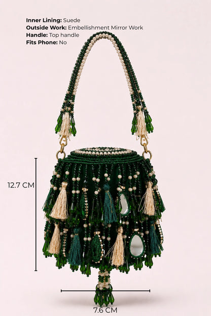 Mehendi potli bag for women with pearl and tassel embellishments
